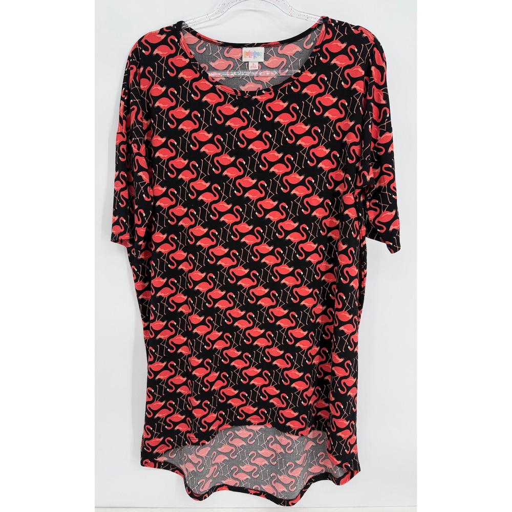 LuLaRoe Irma Tunic Top Small Pink Flamingo Print Black High Low Short Sleeve